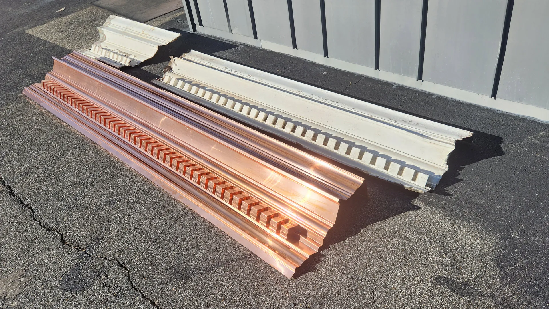 Replicated copper cornice with dentil details