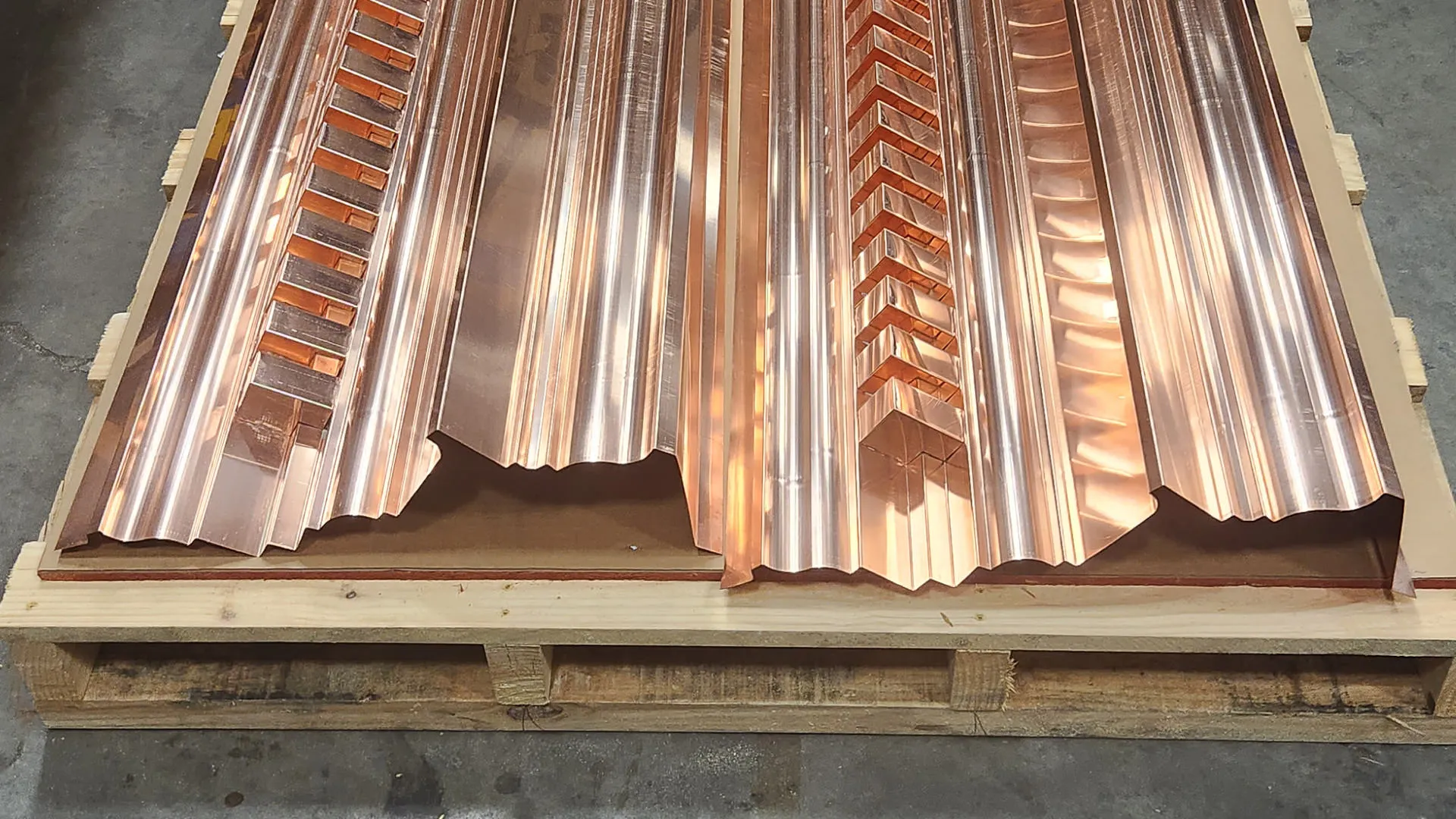 Additional view of replicated copper cornice with dentils