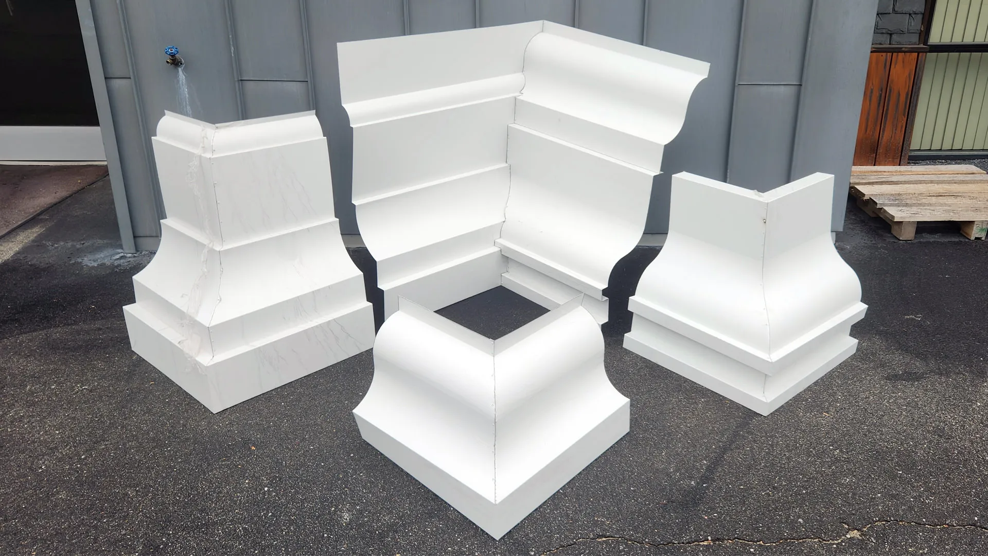 Additional view of an aluminum miter joining two cornice profiles