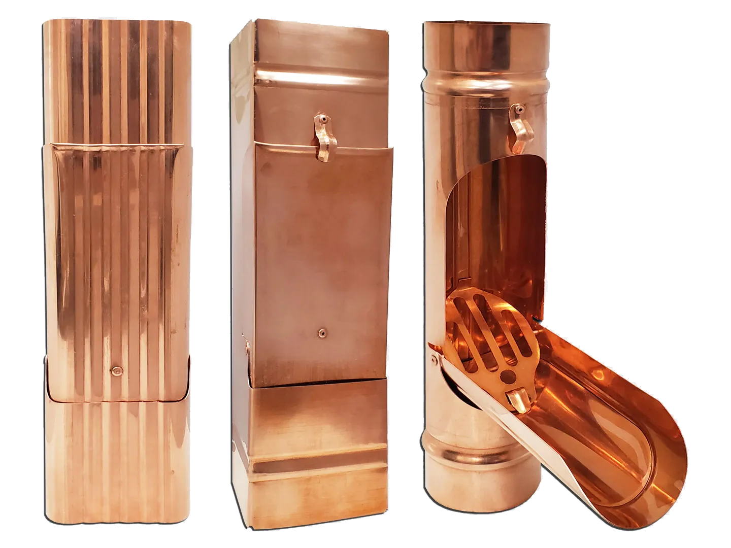Copper downspout cleanouts in corrugated, plain square and round profiles