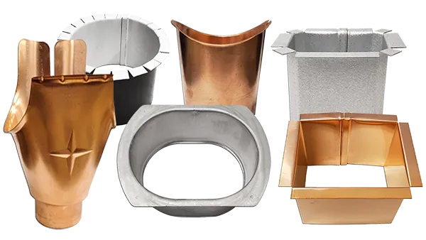 Gutter outlet styles including wrap-around, half-round, oval, round and square corrugated fittings