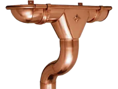 Copper Euro-bead gutter with spherical end cap, wrap-around outlet and seamless elbows