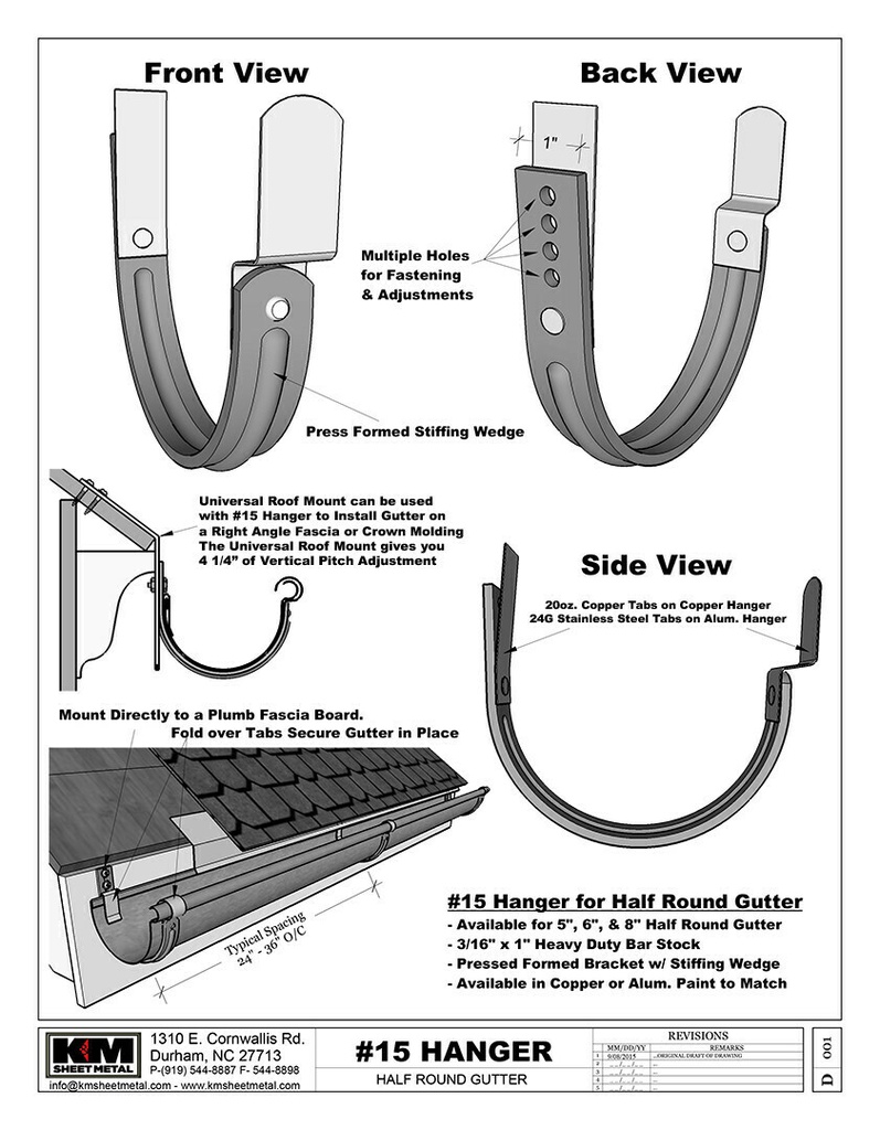 #15 Fascia Mount Half Round Gutter Aluminum Bar Hanger