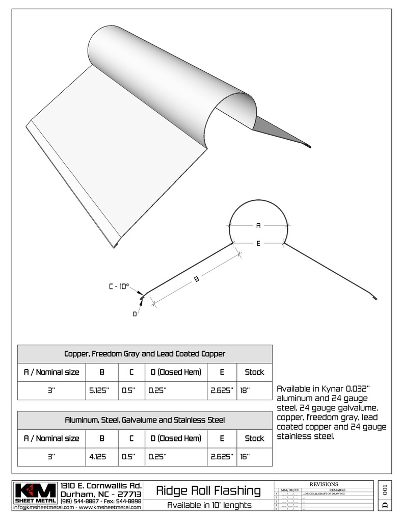 0.032" Kynar Aluminum Ridge Roll Roof Flashing