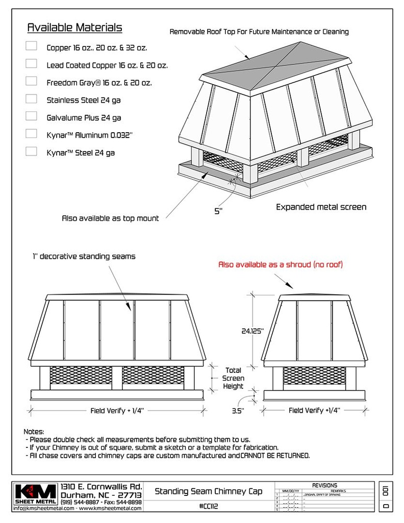 Standing Seam Roof Chimney Cap / Shroud