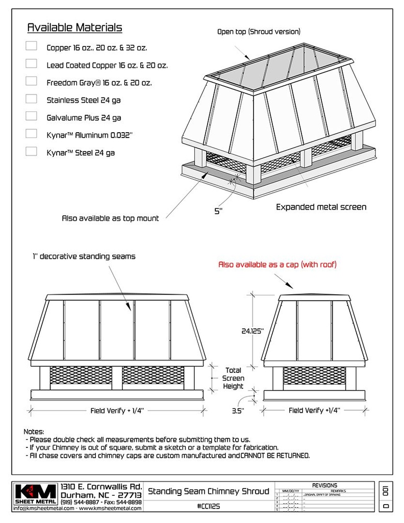 Standing Seam Roof Chimney Cap / Shroud