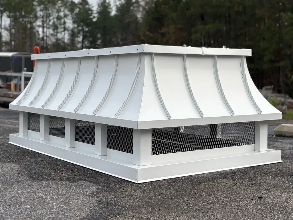 Concave Roof radius chimney caps in white aluminum