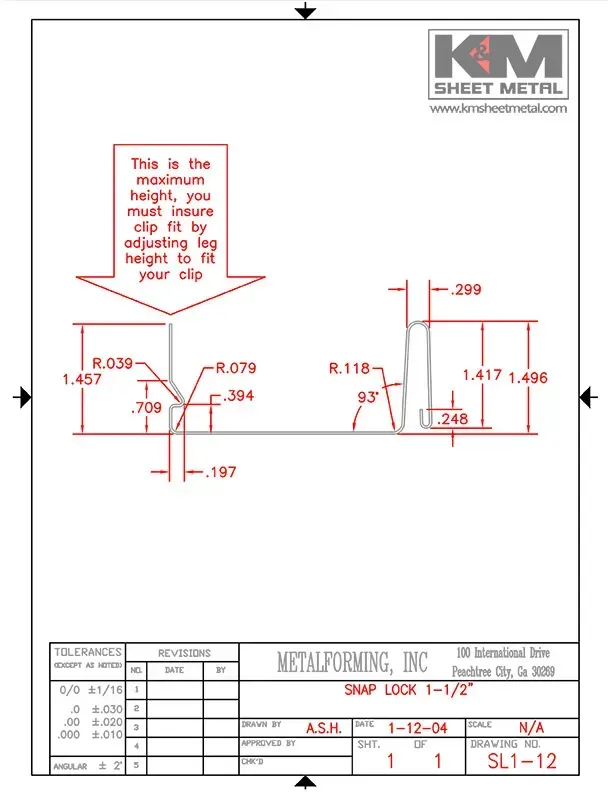 Snap Lock Roofing Panel 1.5" Submittal Drawing