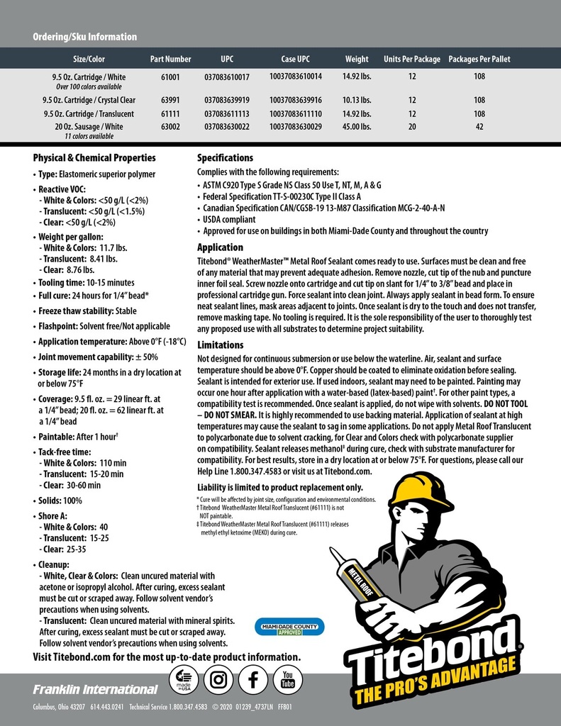 Titebond WeatherMaster Metal Roof Sealant