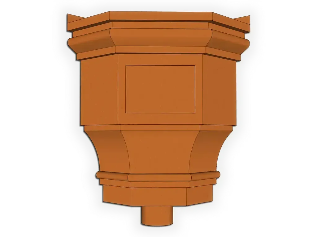 [CHCCH0310-1001] The Churchill Inside Corner Conductor Head | Leader Head
Material / Color: 16 oz. Copper
Outlet Size: 3" Round Downspout
Optional Fleur De Lis Stamping: No Stamping