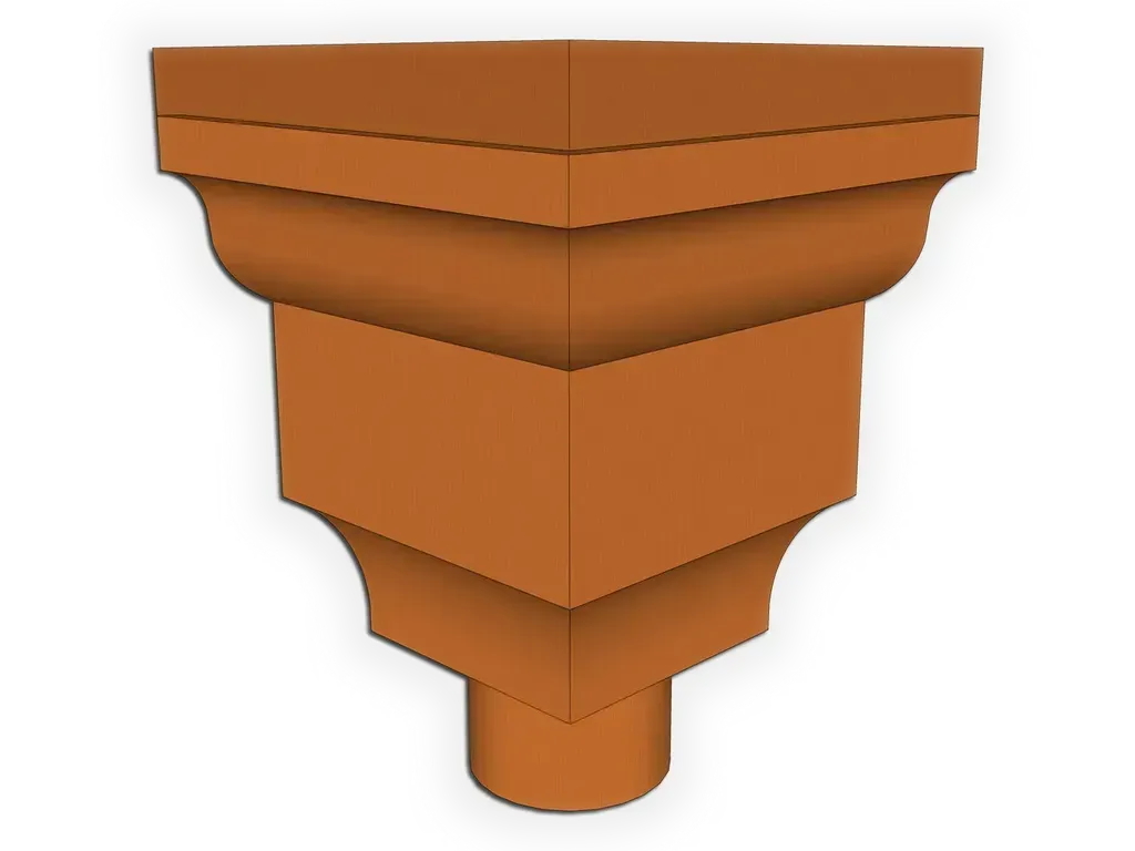 [CHCFD0310-1001] The Federal Inside Corner Conductor Head / Leader Head
Material / Color: 16 oz. Copper
Outlet Size: 3" Round downspout
Sealant: Do not seal joints and seams