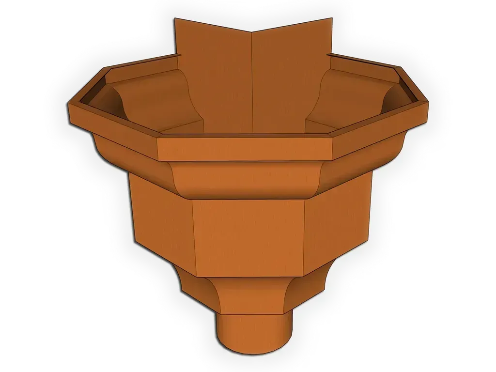 [CHKEX2350-1001] The Excalibur Outside Corner Conductor Head / Leader Head
Material / Color: 16 oz. Copper
Outlet Size: 3" Oval - Fits 2"x3" square or 3" round downspout