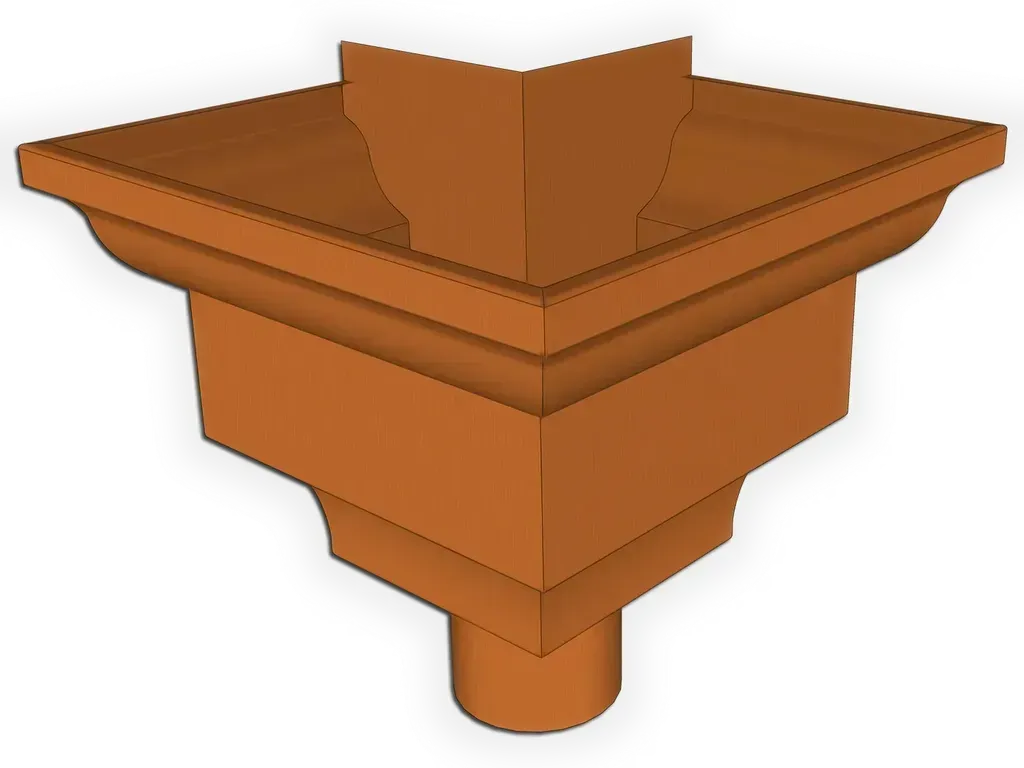 [CHKFD2350-1001] The Federal Outside Corner Conductor Head / Leader Head
Material / Color: 16 oz. Copper
Outlet Size: 3" Oval - Fits 2"x3" square or 3" round downspout
Sealant: Do not seal joints and seams