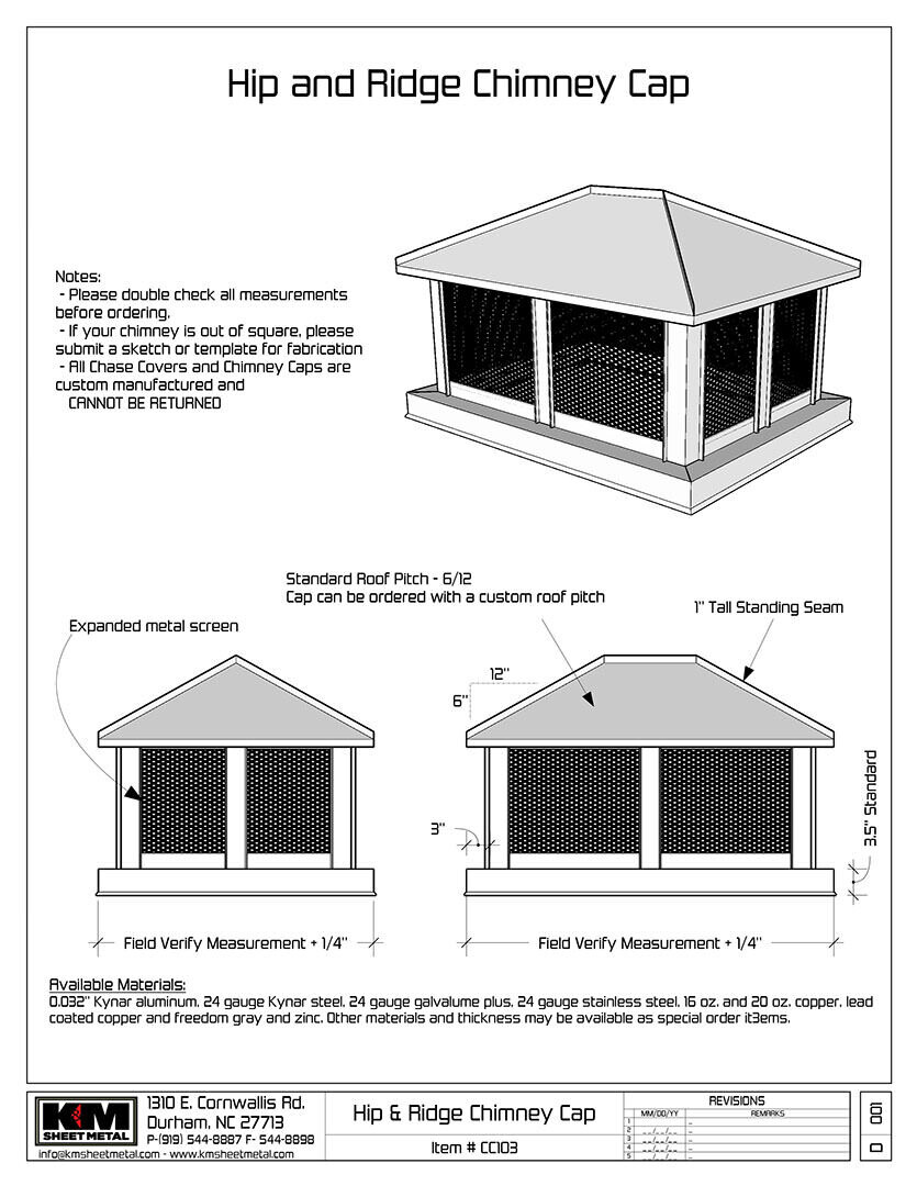 Hip and Ridge Chimney Cap - Copper, Aluminum, Steel