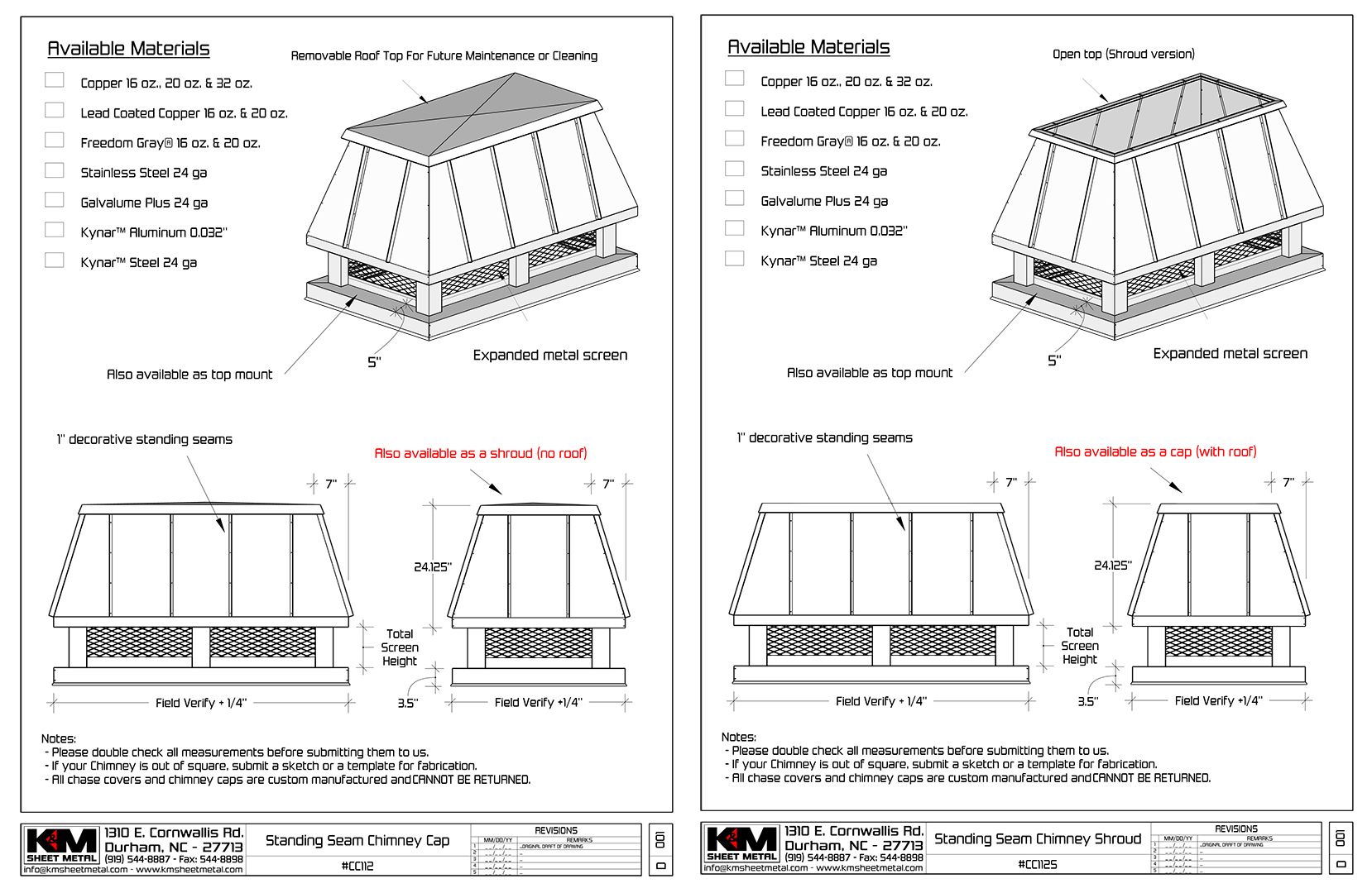 Standing Seam Roof Chimney Cap / Shroud